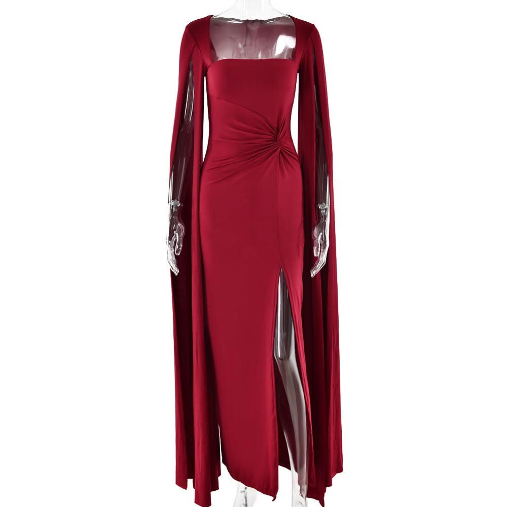 Long sleeve high slit square neck ruched maxi dress