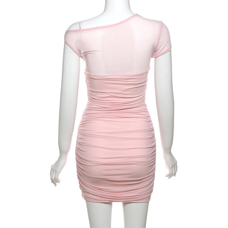 Short sleeve one shoulder mesh ruched patchwork mini dress