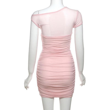 Short sleeve one shoulder mesh ruched patchwork mini dress