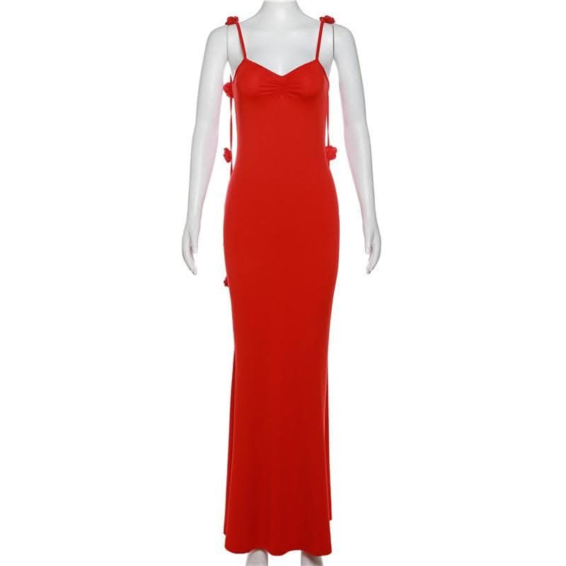 Flower applique backless solid v neck ribbon cami maxi dress-final-sale