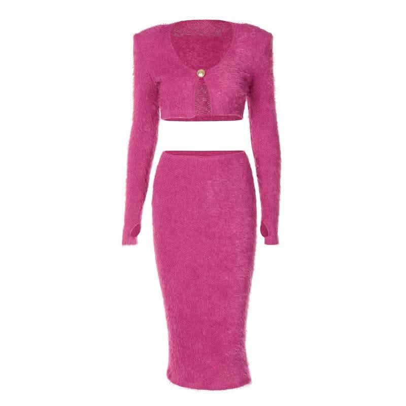 Textured button long sleeve gloves midi skirt set-final-sale