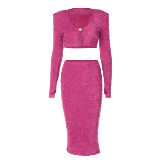 Textured button long sleeve gloves midi skirt set-final-sale