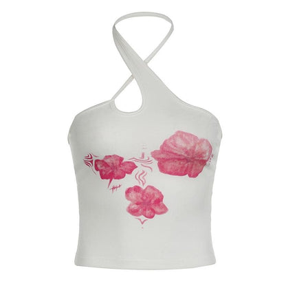 Halter hollow out flower print backless cut out top