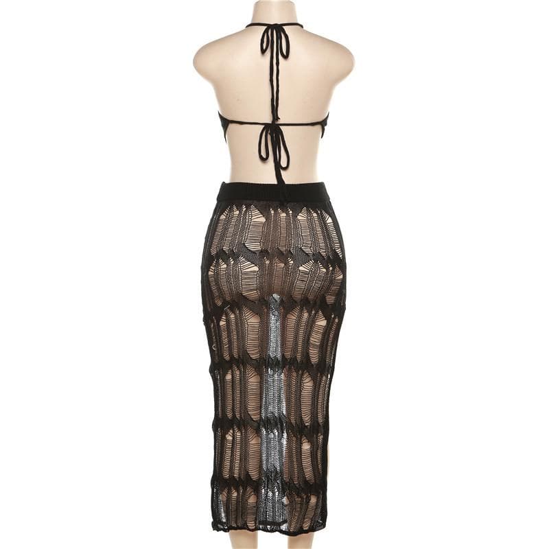Crochet solid halter self tie see through slit midi skirt set-final-sale