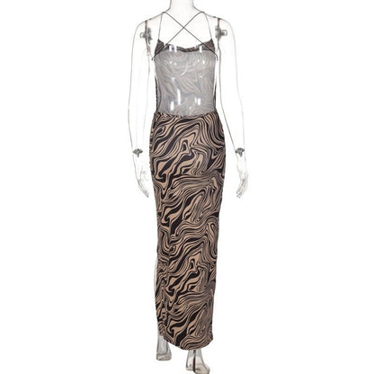 Ripple contrast print cross back slit cowl neck backless midi dress
