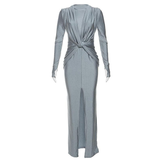 Knotted slit solid long sleeve ruched maxi dress