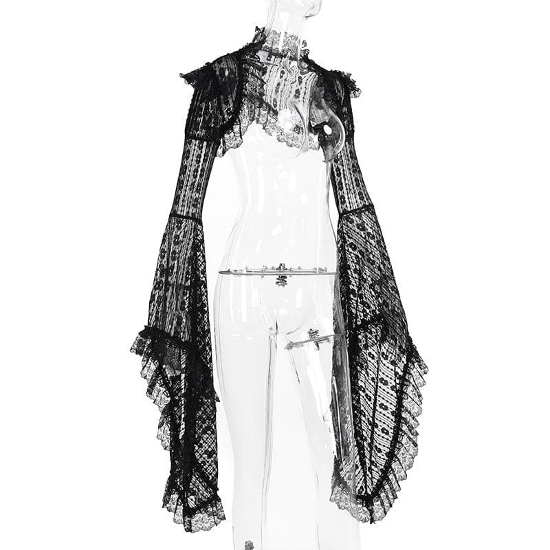 Long flared sleeve lace ruffle shrug top