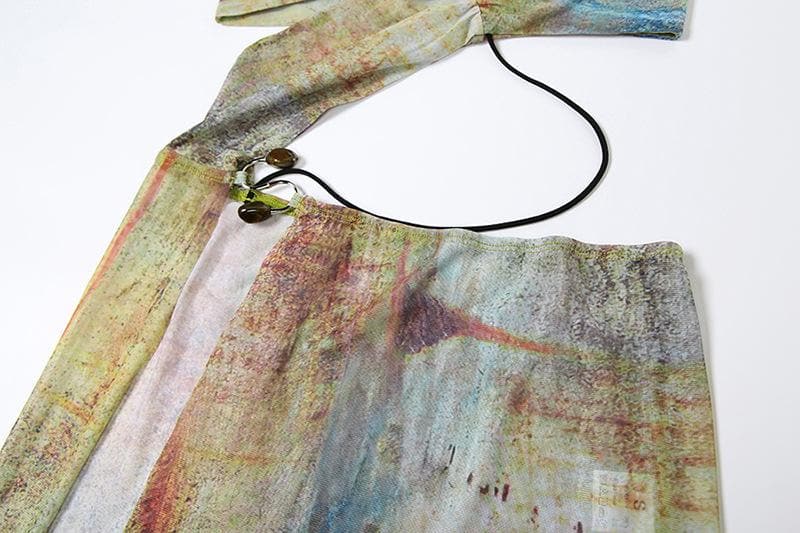 Halter drawstring tie dye irregular sheer mesh maxi dress