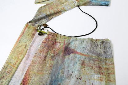 Halter drawstring tie dye irregular sheer mesh maxi dress