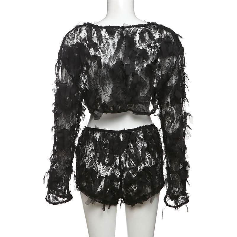 Long sleeve mesh ruffle crop short pant set