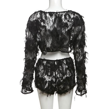 Long sleeve mesh ruffle crop short pant set