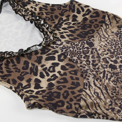 Leopard print v neck ruffle ruched midi dress