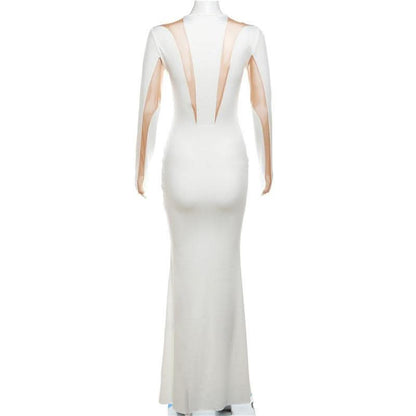 Crewneck long sleeve mesh patchwork maxi dress-final-sale