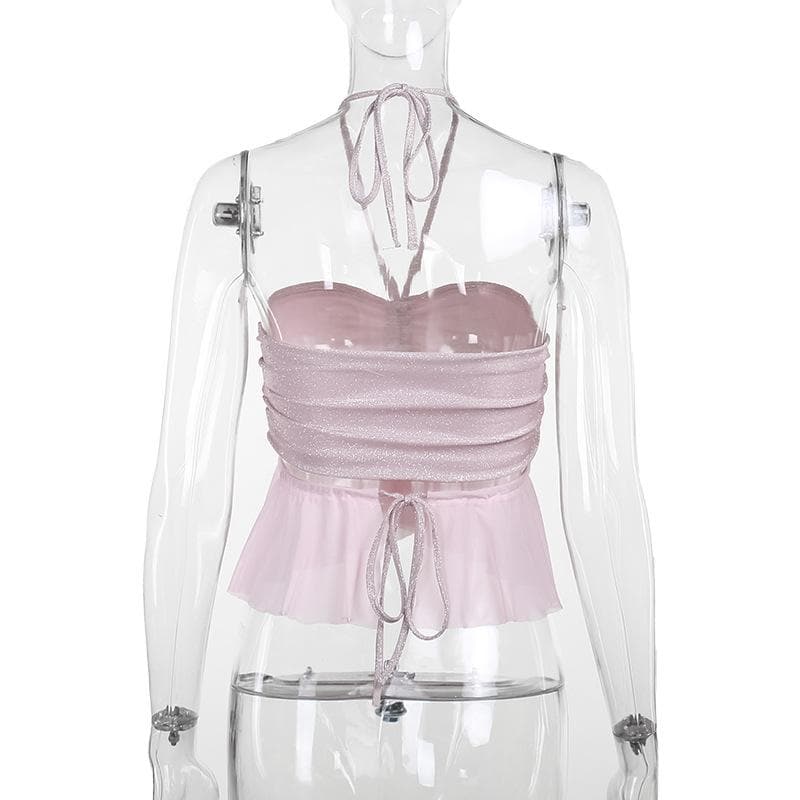 Halter drawstring ruched mesh glitter crop top