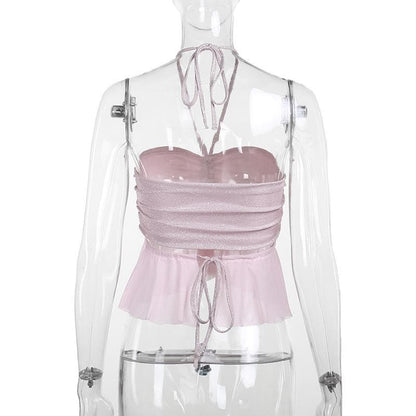 Halter drawstring ruched mesh glitter crop top