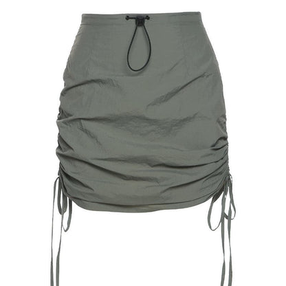 A line drawstring ruched solid zip-up mini skirt
