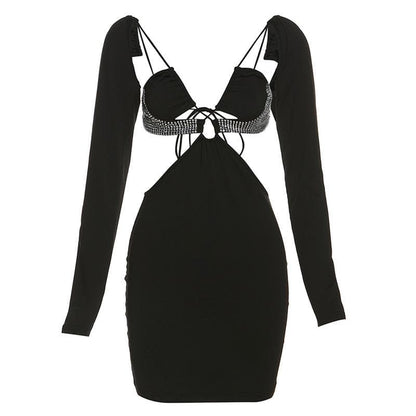 Hollow Out Rhinestone Bust Asymmetric Sleeve Backless Mini Dress