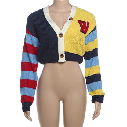 Long sleeve v neck button knitted contrast top