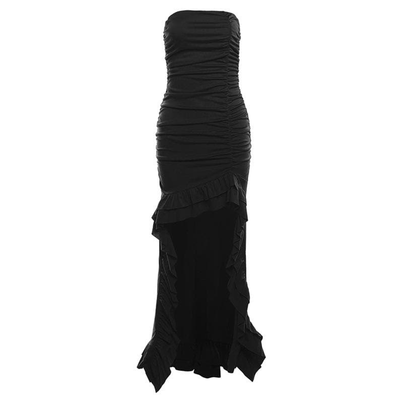 Ruched ruffle solid backless tube maxi dress