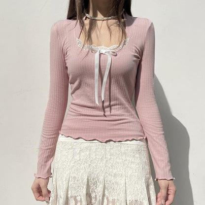 Lace hem contrast long sleeve bowknot ruffle top