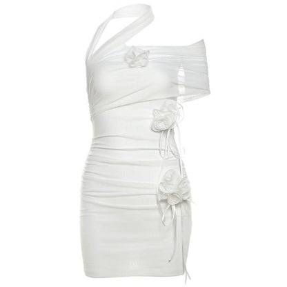 Halter flower applique mesh mini dress