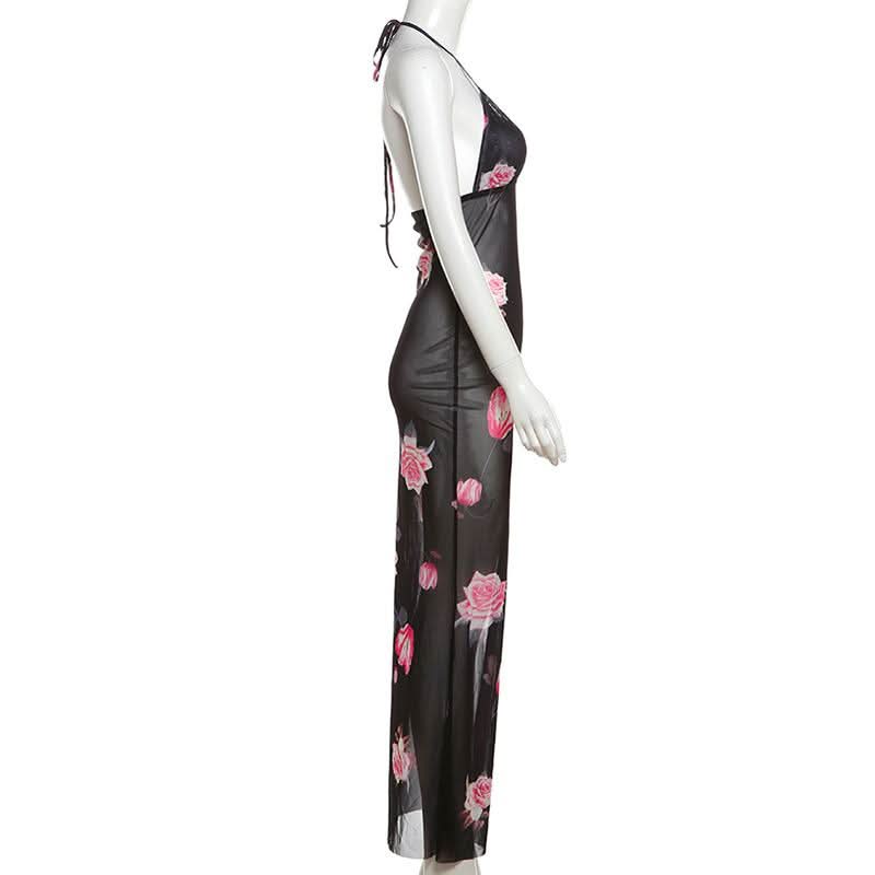 Halter v neck flower print see through maxi dress
