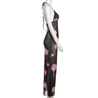 Halter v neck flower print see through maxi dress