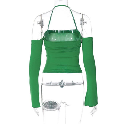Long sleeve halter ruched off shoulder solid backless top