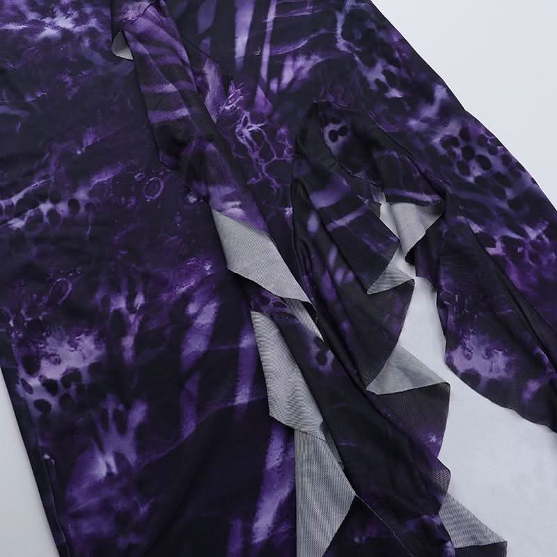 Cross back print ruffle slit spaghetti strap maxi dress