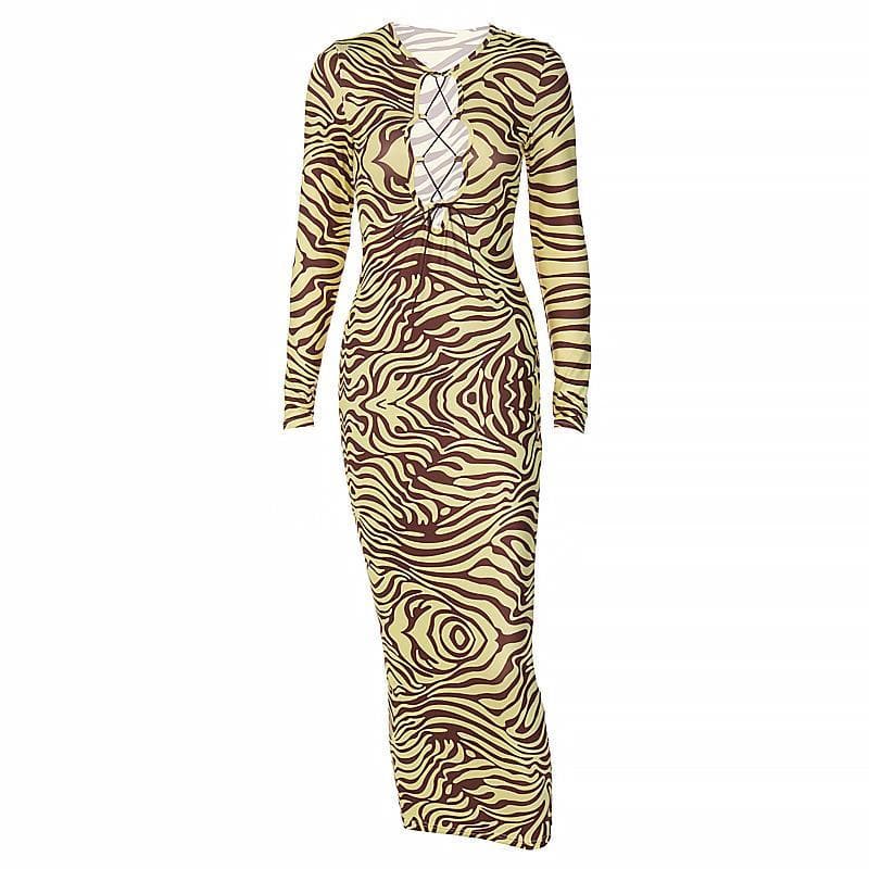 Long Sleeve Lace Up Zebra Print Bodycon Maxi Dress