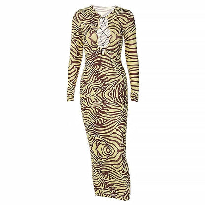 Long Sleeve Lace Up Zebra Print Bodycon Maxi Dress