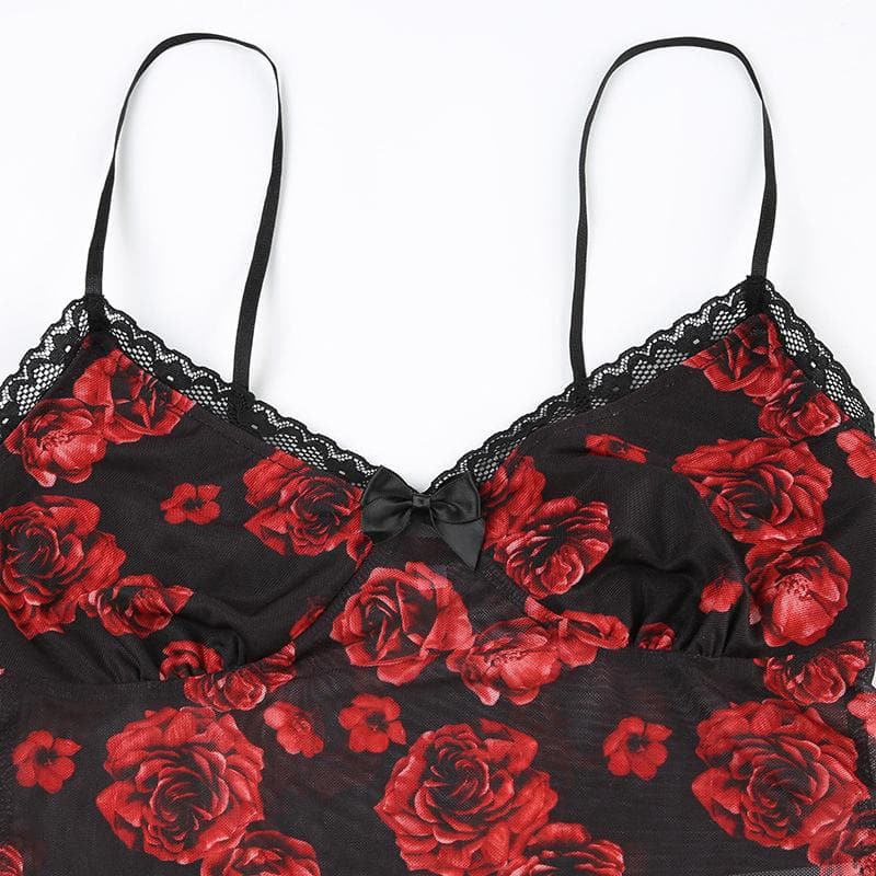 V neck rose print bowknot mesh cami bodysuit