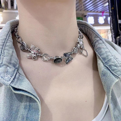 Butterfly rhinestone metal chain choker necklace