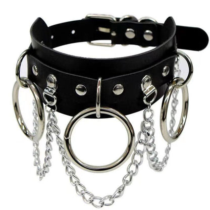 PU leather rivet o ring metal chain necklace