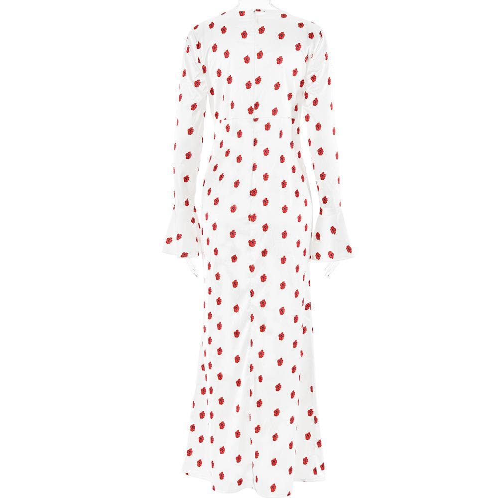 Long flared sleeve flower print zip-up maxi dress