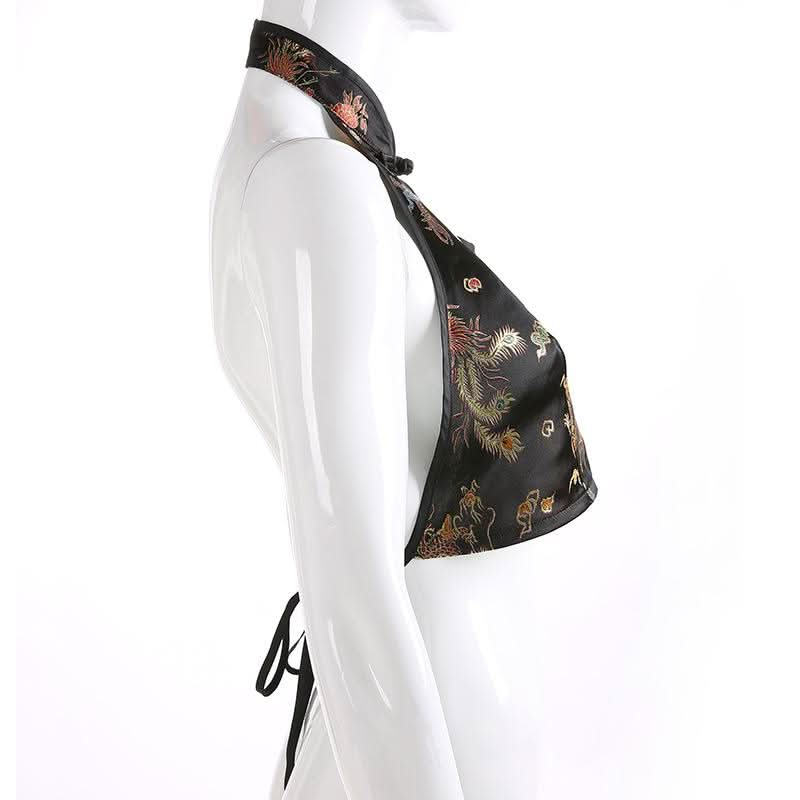 Halter backless self tie embroidery crop top