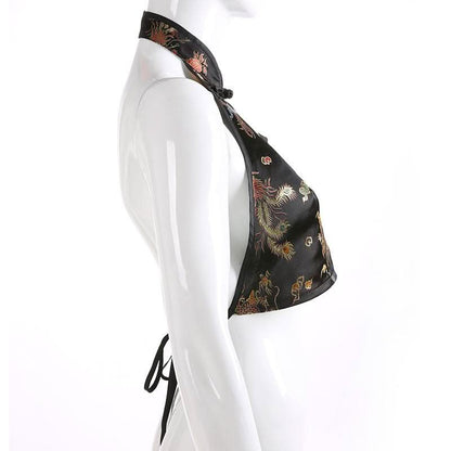 Halter backless self tie embroidery crop top