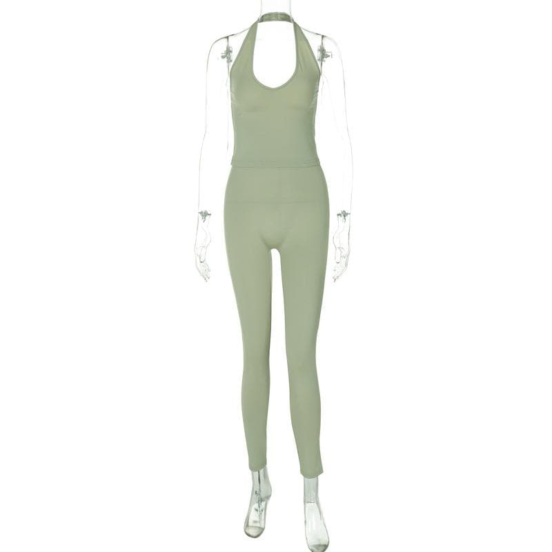 Halter u neck solid backless pant set