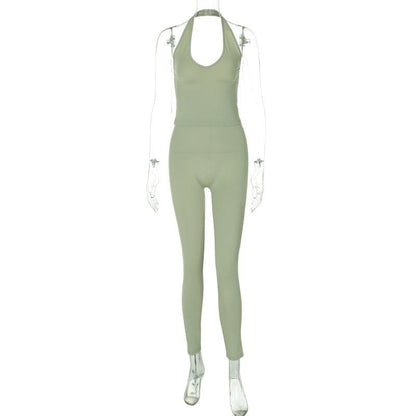 Halter u neck solid backless pant set