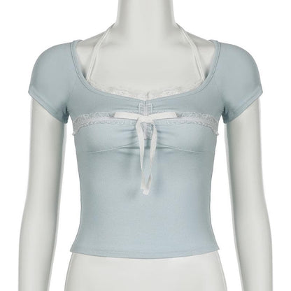 Halter short sleeve bowknot lace hem top