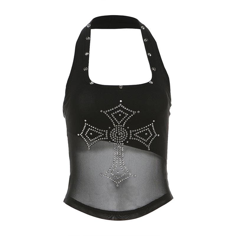 Halter beaded square neck cross pattern mesh top