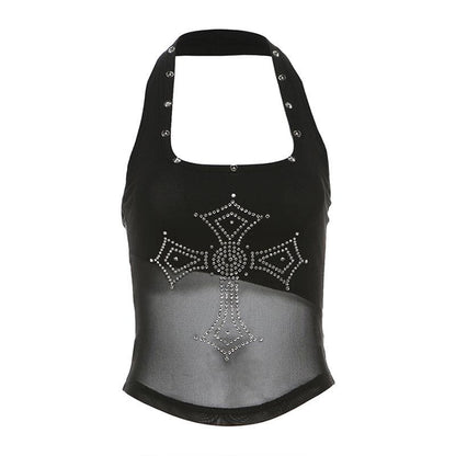 Halter beaded square neck cross pattern mesh top
