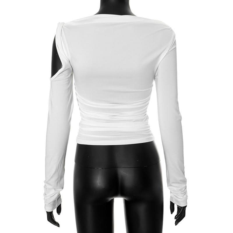 Irregular long sleeve hollow out ruched one shoulder cut out top