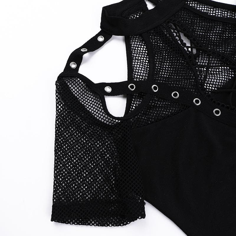 Short sleeve fishnet hollow out patchwork cut out top