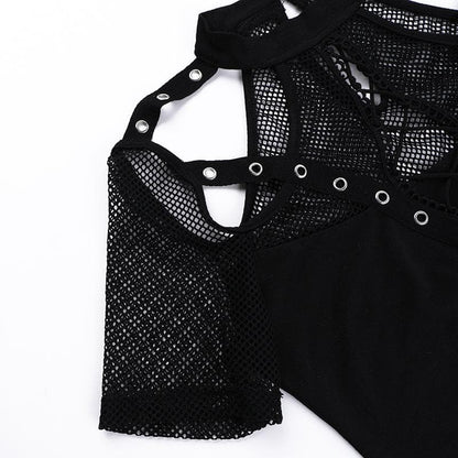 Short sleeve fishnet hollow out patchwork cut out top