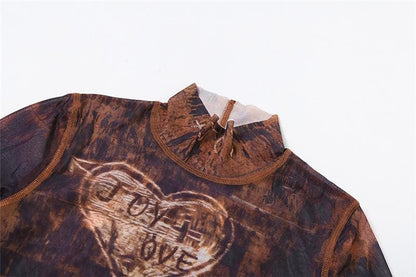 Long sleeve high neck print sheer mesh crop mini skirt set-final-sale