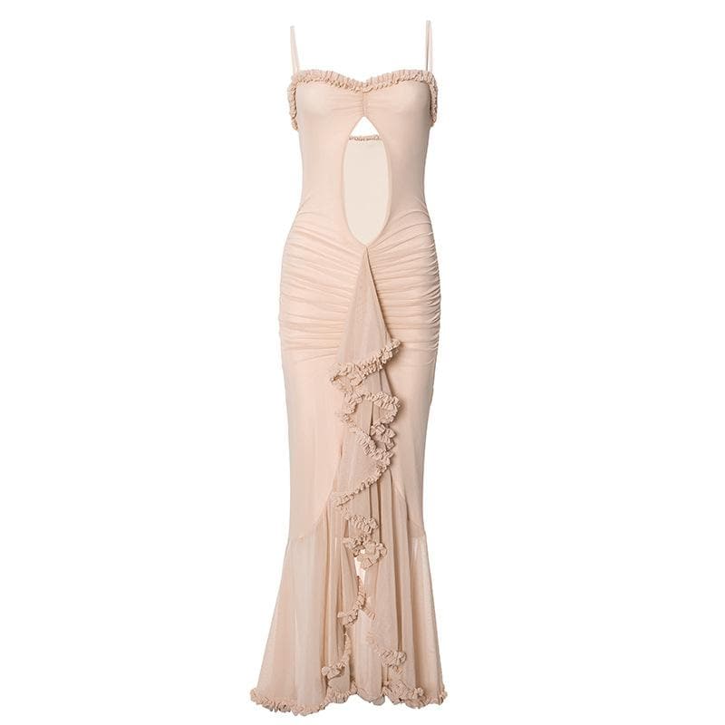 Ruffle ruched lace hem hollow out cami cut out maxi dress