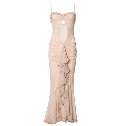 Ruffle ruched lace hem hollow out cami cut out maxi dress