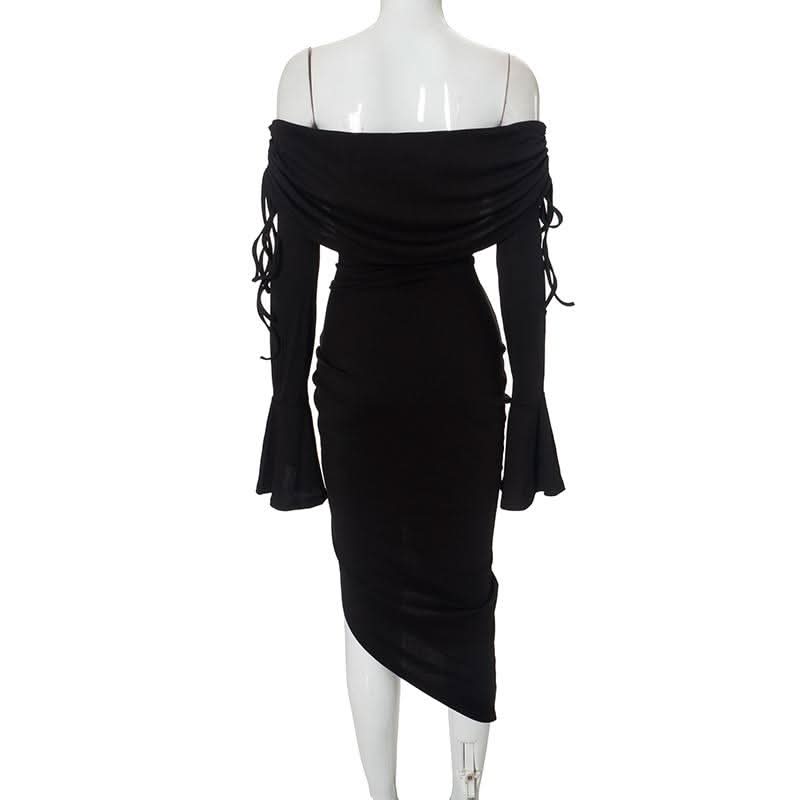 Flared sleeve off shoulder slit ruched self tie midi dress