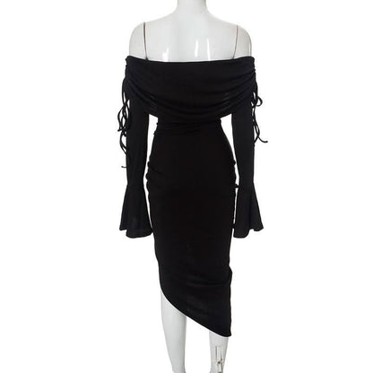 Flared sleeve off shoulder slit ruched self tie midi dress